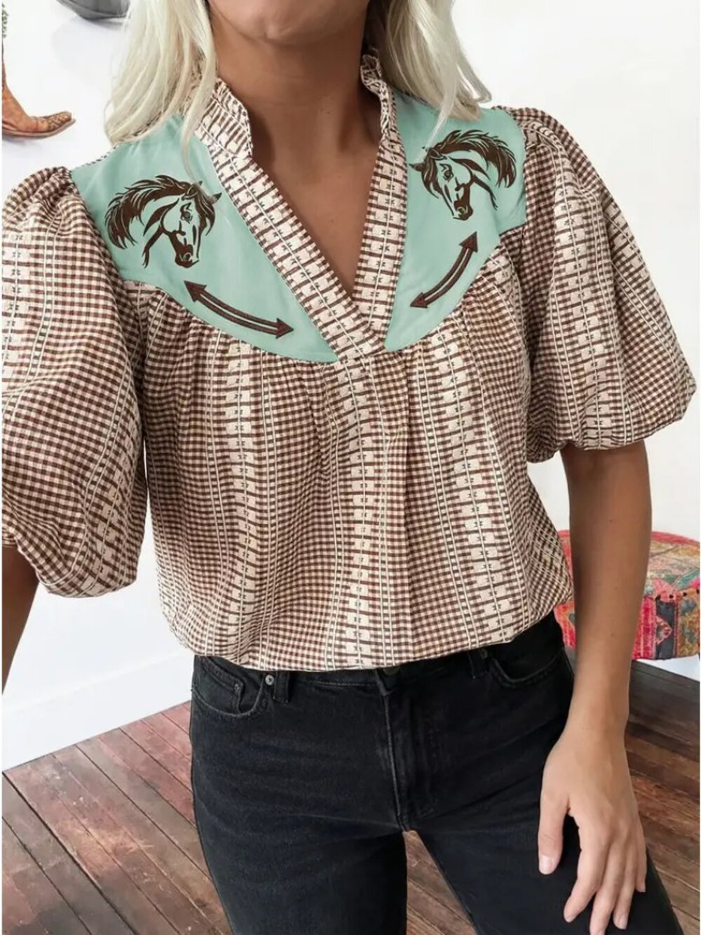 Western Pony Embroidered Yoke Puff Sleeve Gingham Blouse NEW